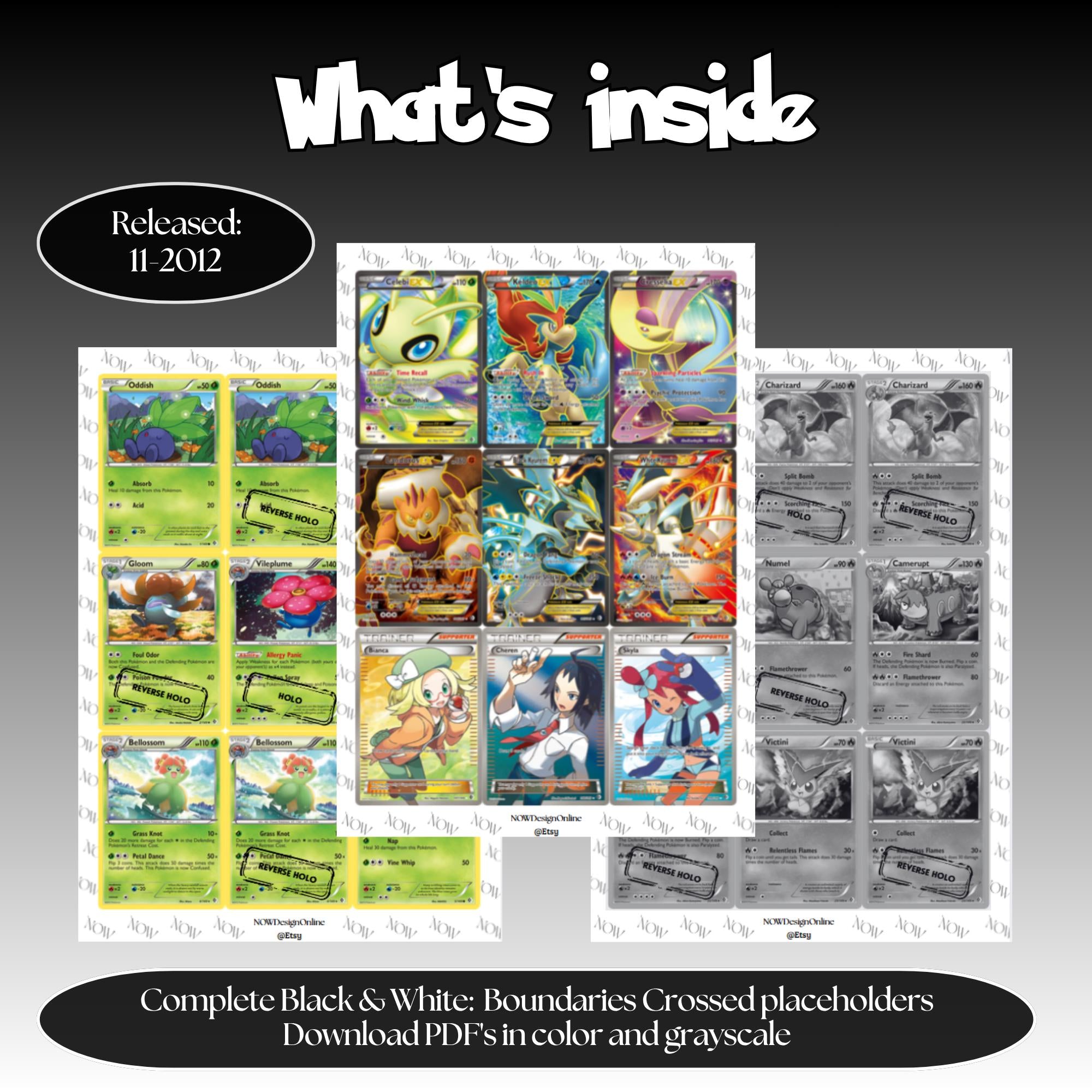 Boundaries Crossed master set overview showing the included Pokémon cards to print and a full color checklist for the Black & White binder.