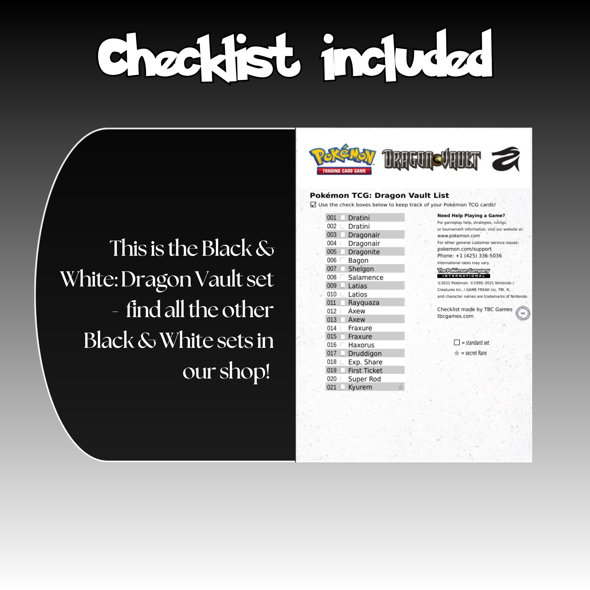 Example of the checklist that’s included to see which cards are all in the Dragon Vault set from the Black & White Series.