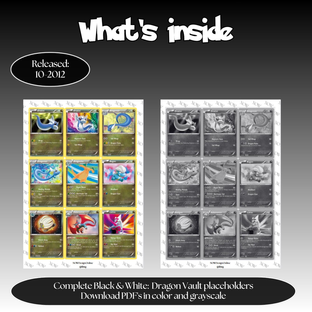 Dragon Vault master set overview showing the included Pokémon cards to print and a full color checklist for the Black & White binder.
