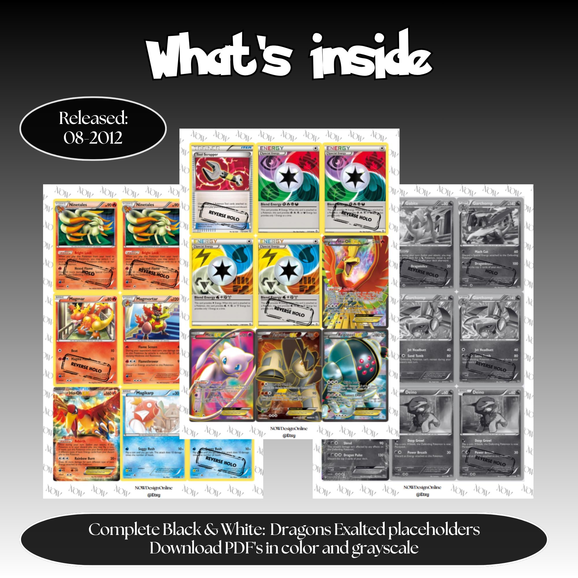 Dragons Exalted master set overview showing the included Pokémon cards to print and a full color checklist for the Black & White binder.