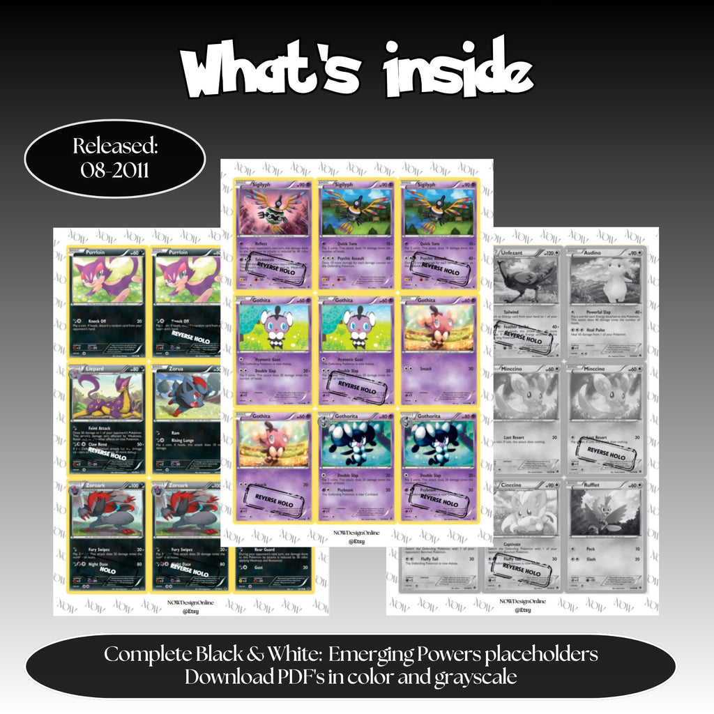 Emerging Powers master set overview showing the included Pokémon cards to print and a full color checklist for the Black & White binder.