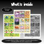 Legendary Treasures master set overview showing the included Pokémon cards to print and a full color checklist for the Black & White binder.