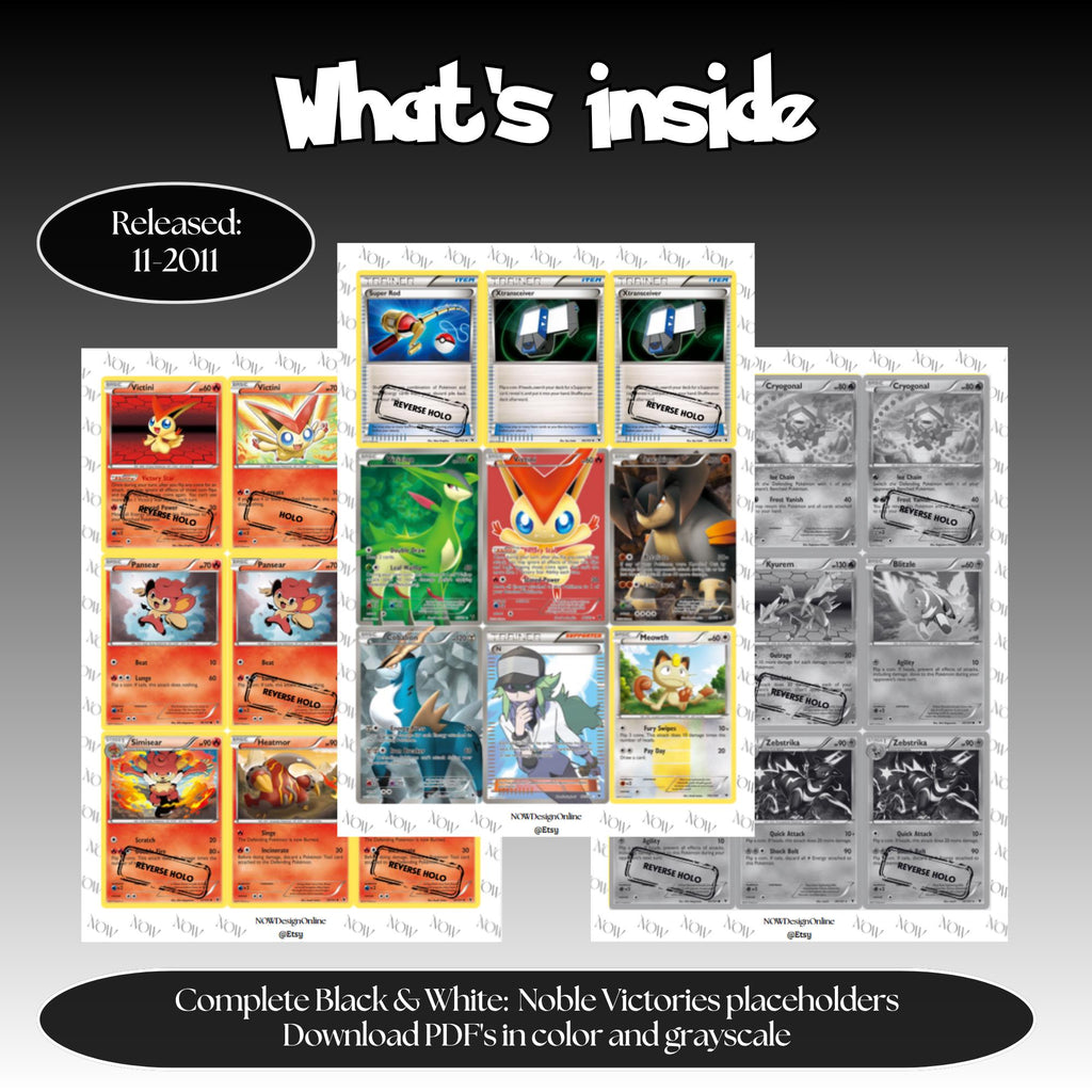 Noble Victories master set overview showing the included Pokémon cards to print and a full color checklist for the Black & White binder.