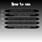 Plasma Blast digital download instructions explaining how to print, cut, and place placeholders in a Pokémon binder.