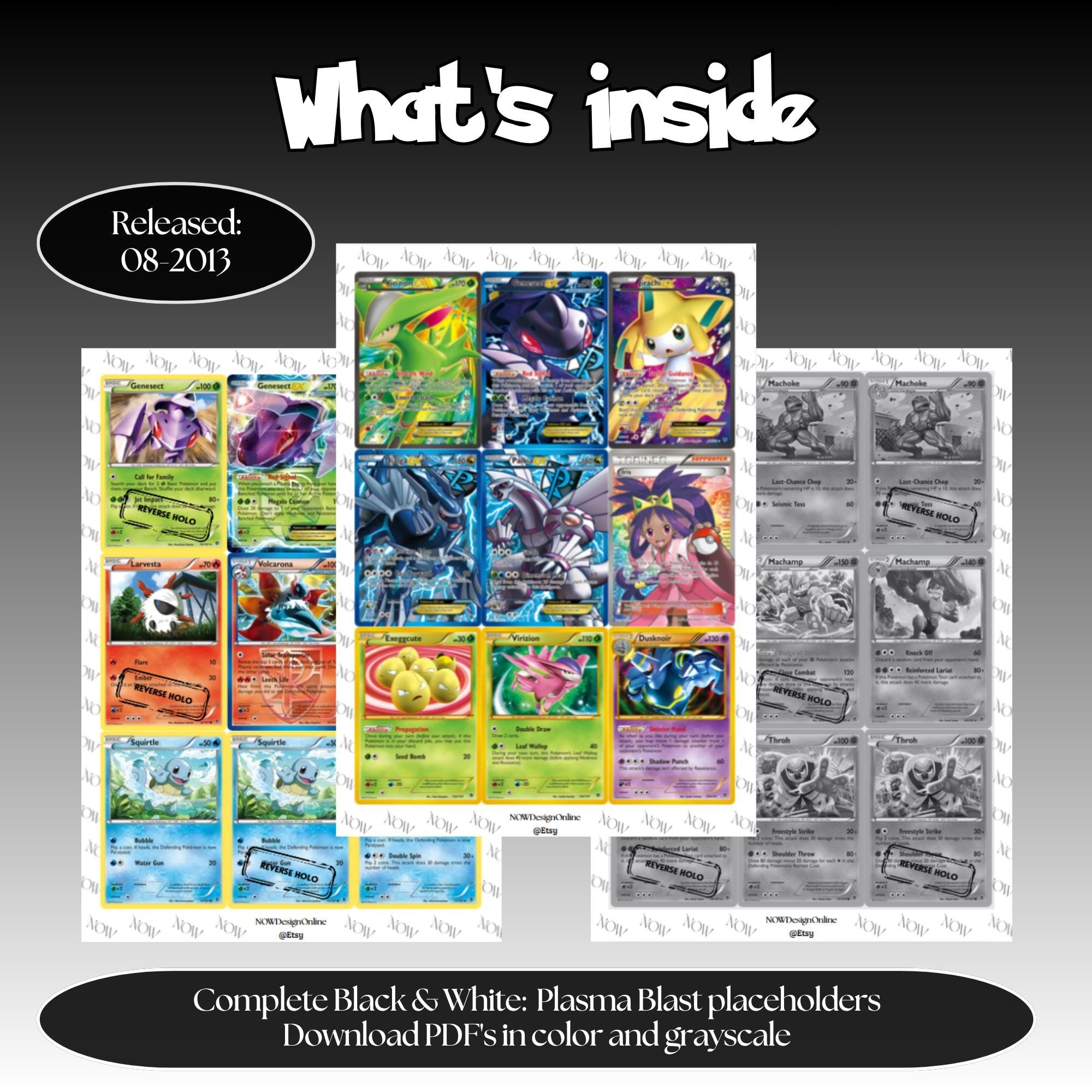 Plasma Blast master set overview showing the included Pokémon cards to print and a full color checklist for the Black & White binder.