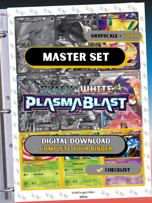 Black & White: Plasma Blast master set binder page showing grayscale and color Pokémon cards, designed as a digital download with checklist to complete a collector’s binder.