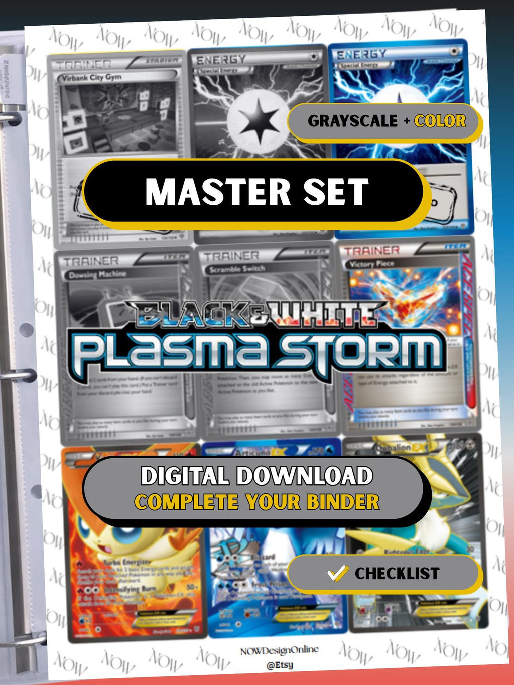 Black & White: Plasma Storm master set binder page showing grayscale and color Pokémon cards, designed as a digital download with checklist to complete a collector’s binder.