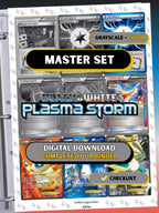 Black & White: Plasma Storm master set binder page showing grayscale and color Pokémon cards, designed as a digital download with checklist to complete a collector’s binder.