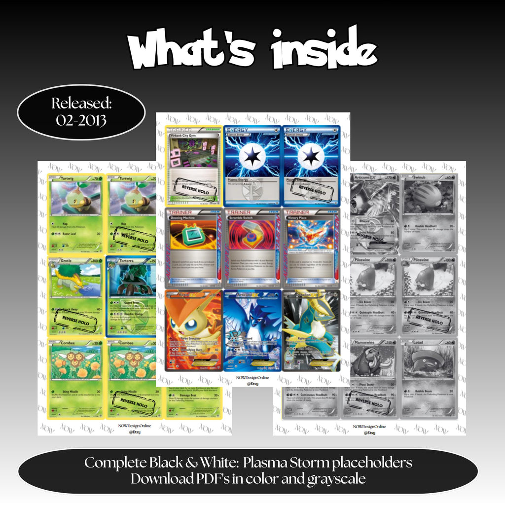 Plasma Storm master set overview showing the included Pokémon cards to print and a full color checklist for the Black & White binder.