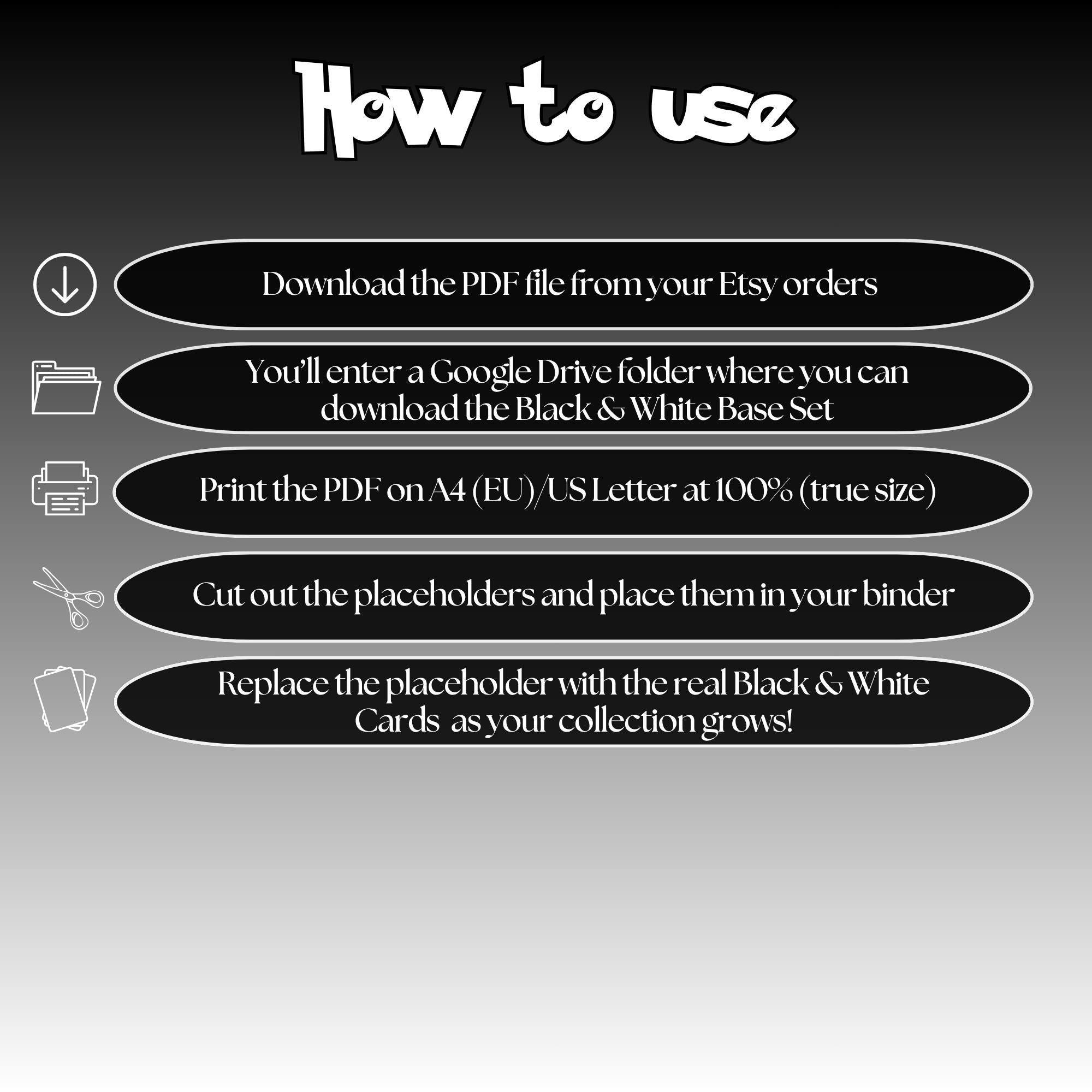 Black White digital download instructions explaining how to print, cut, and place placeholders in a Pokémon binder.