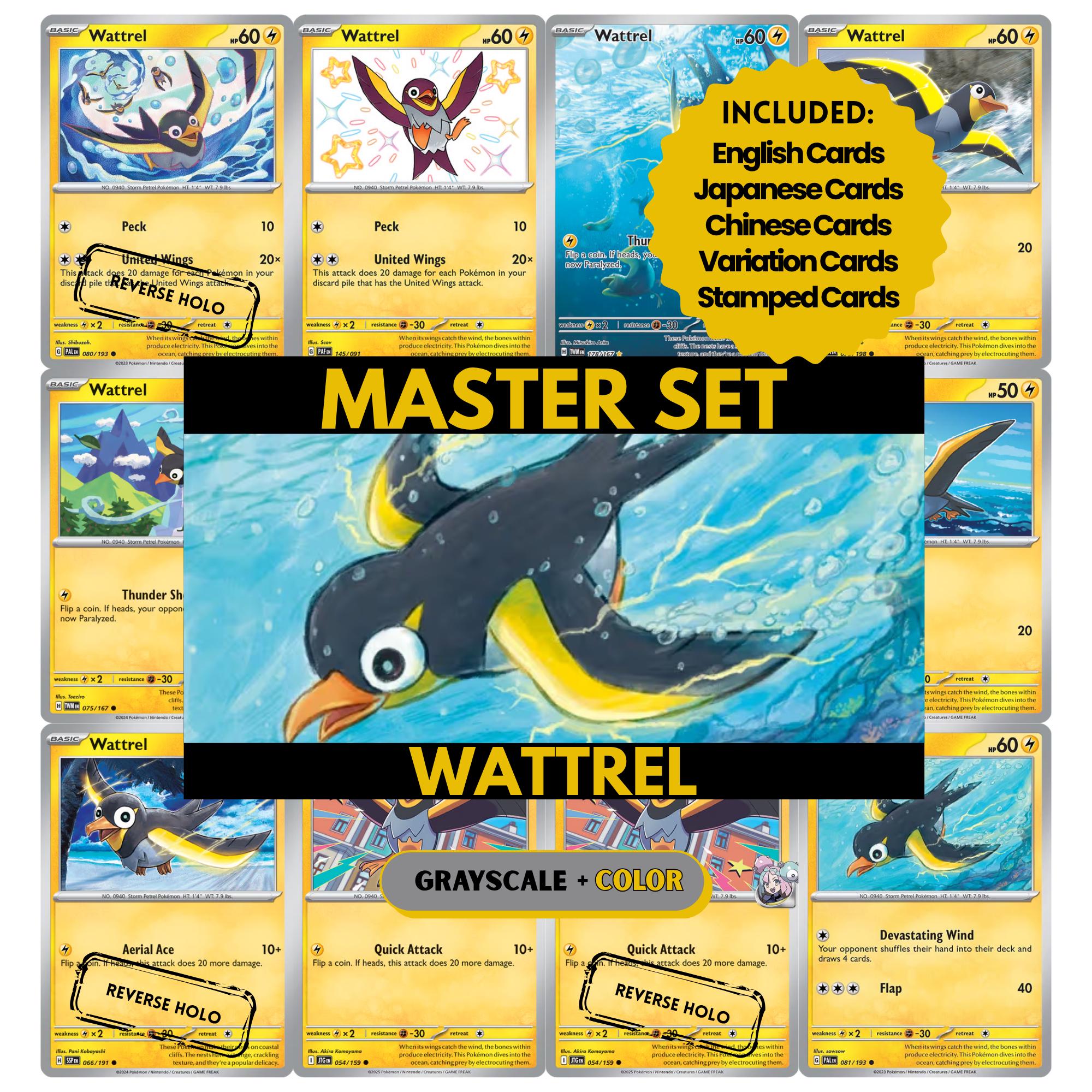 Wattrel binder pages set showing grayscale and color Pokémon cards, designed as a digital download to complete a collector’s binder.