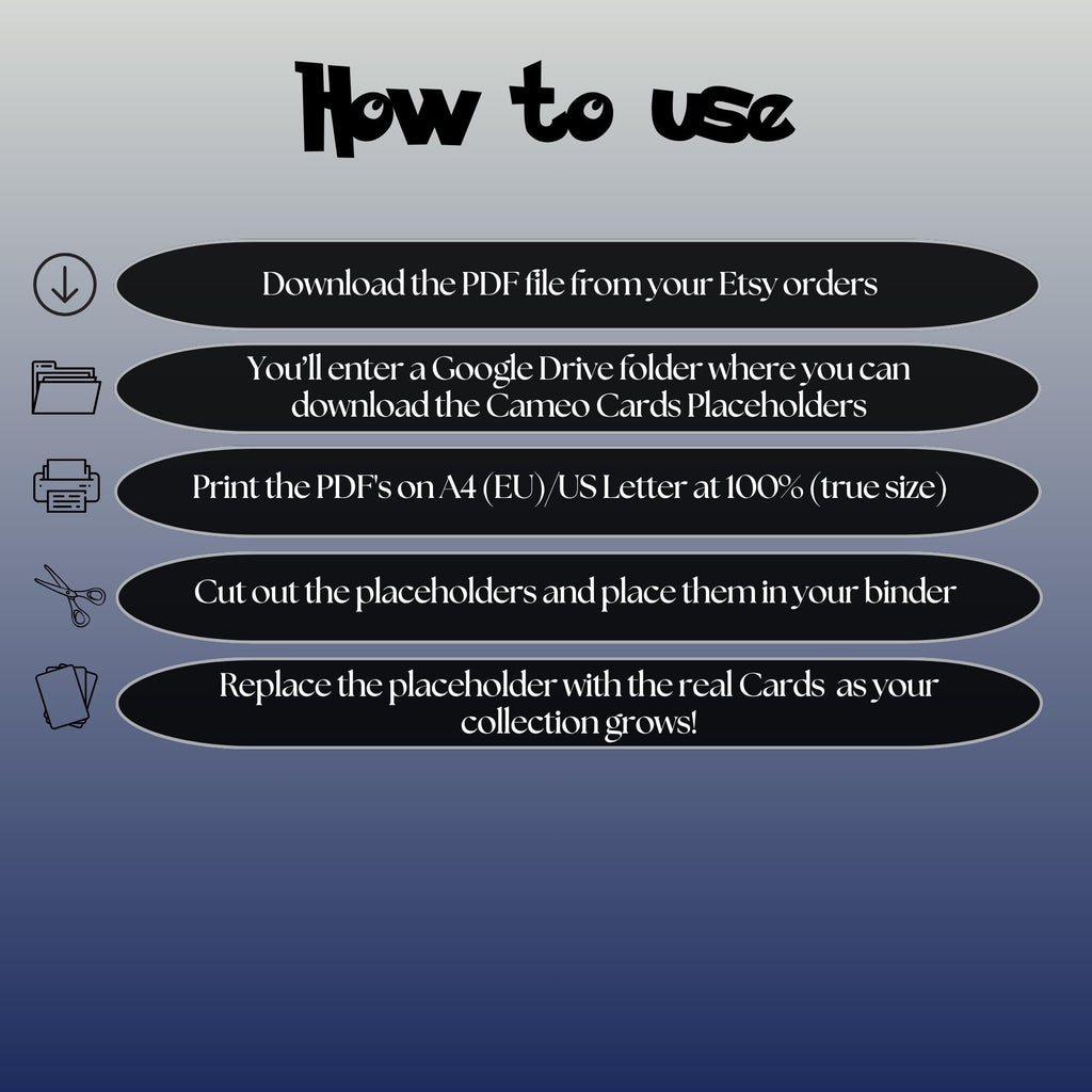 Tauros & Paldean Tauros cameo cards digital download instructions explaining how to print, cut, and place placeholders in a Pokémon binder.
