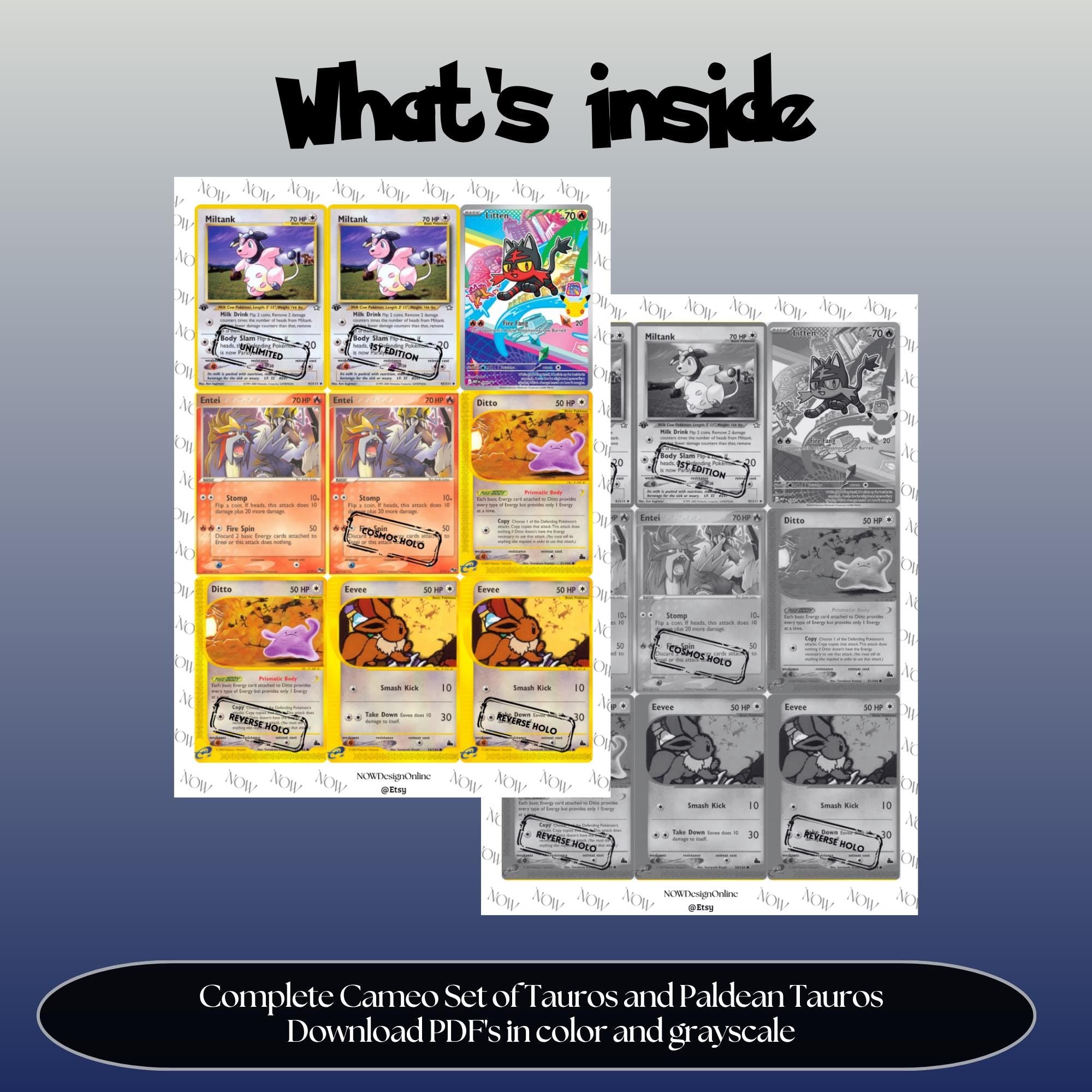 Tauros & Paldean Tauros Cameo binder pages set overview showing the included Pokémon cards to print and cut for your binder sleeves.