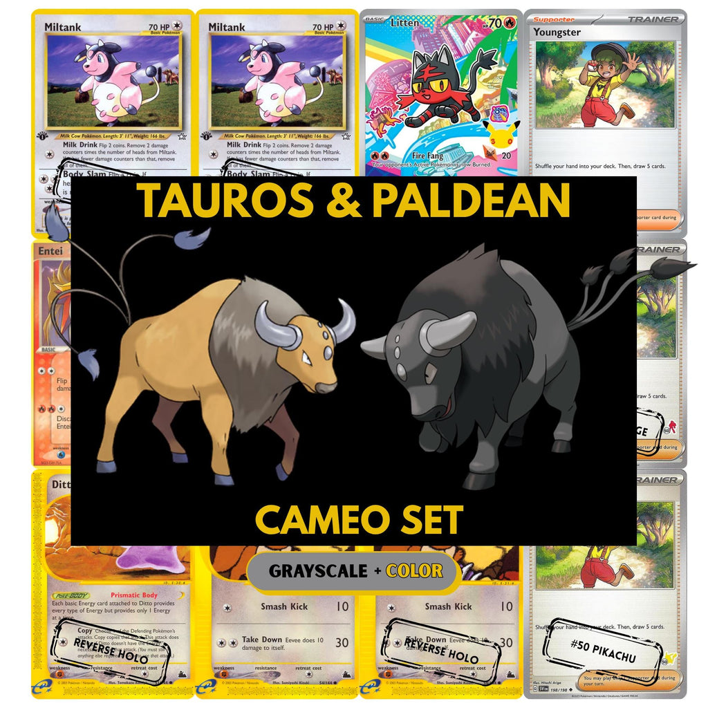 Tauros & Paldean Tauros Cameo binder pages set showing grayscale and color Pokémon cards, designed as a digital download to complete a collector’s binder.