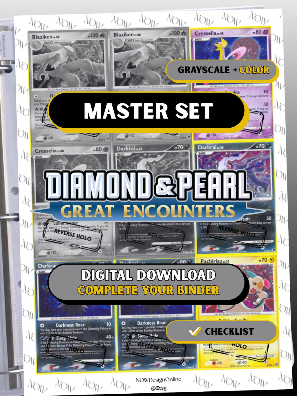 Diamond & Pearl: Great Encounters master set binder page showing grayscale and color Pokémon cards, designed as a digital download with checklist to complete a collector’s binder.