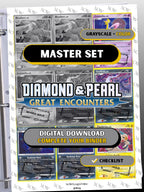 Diamond & Pearl: Great Encounters master set binder page showing grayscale and color Pokémon cards, designed as a digital download with checklist to complete a collector’s binder.