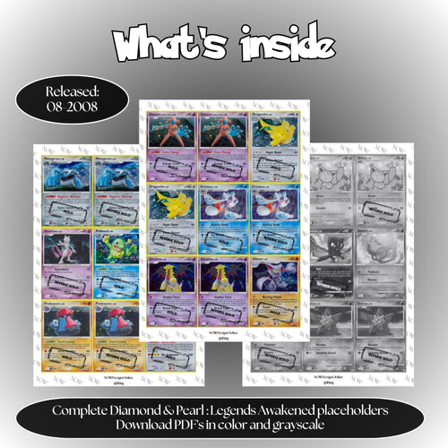 Legends Awakened master set overview showing the included Pokémon cards to print and a full color checklist for the Diamond & Pearl binder.