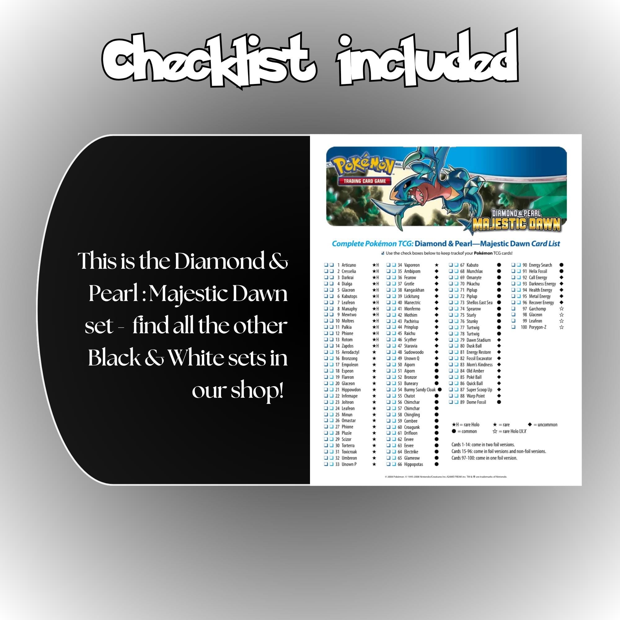 Example of the checklist that’s included to see which cards are all in the Majestic Dawn set from the Diamond & Pearl Series.