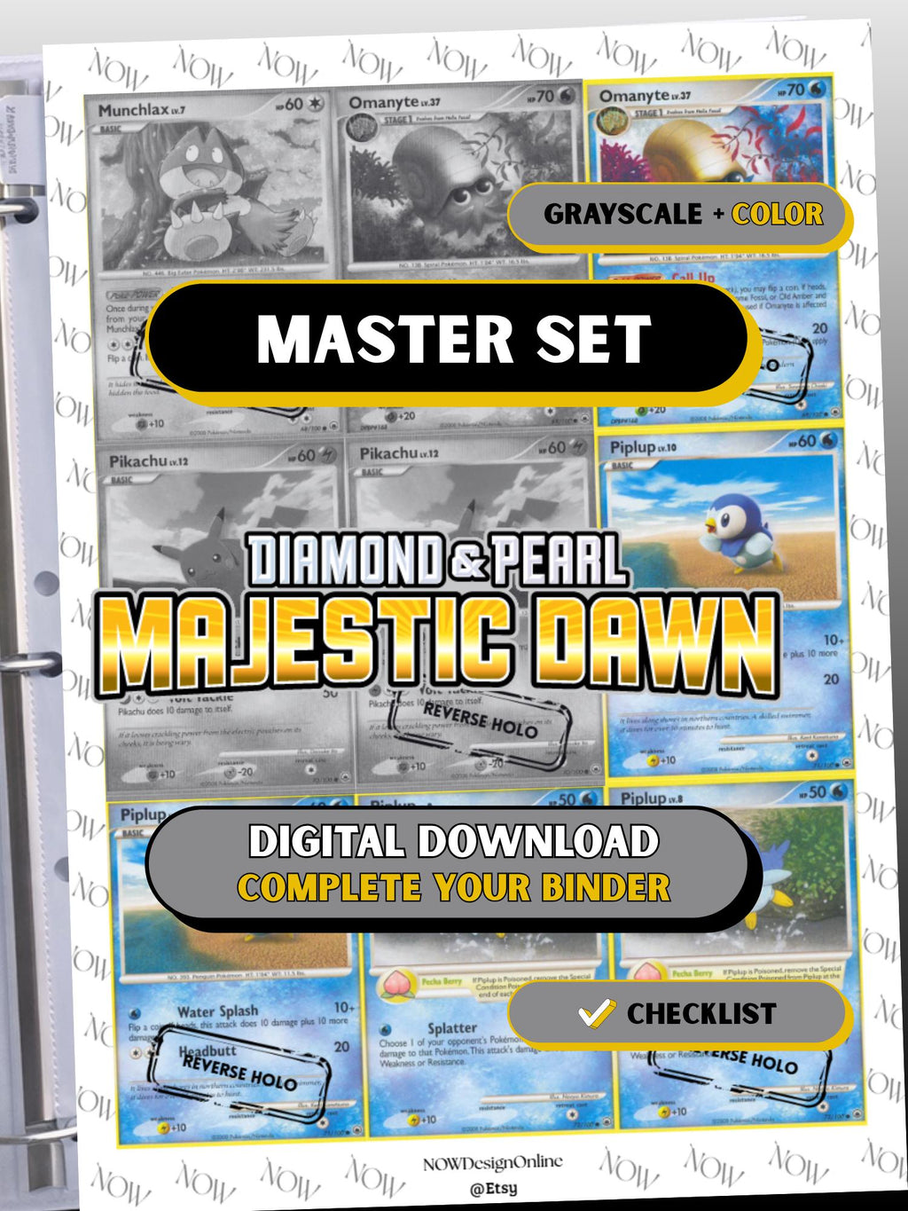 Diamond & Pearl: Majestic Dawn master set binder page showing grayscale and color Pokémon cards, designed as a digital download with checklist to complete a collector’s binder.