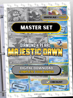 Diamond & Pearl: Majestic Dawn master set binder page showing grayscale and color Pokémon cards, designed as a digital download with checklist to complete a collector’s binder.