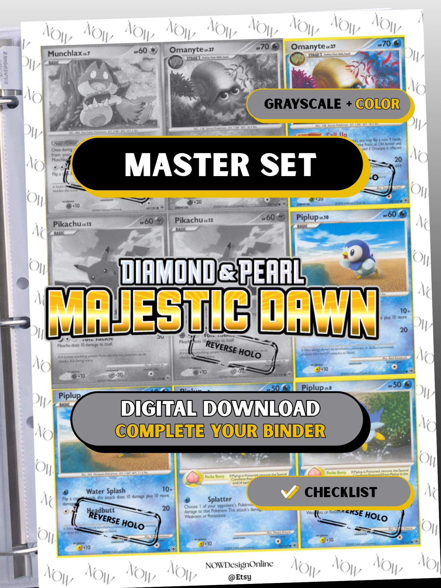 Diamond & Pearl: Majestic Dawn master set binder page showing grayscale and color Pokémon cards, designed as a digital download with checklist to complete a collector’s binder.