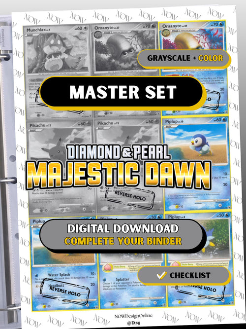 Diamond & Pearl: Majestic Dawn master set binder page showing grayscale and color Pokémon cards, designed as a digital download with checklist to complete a collector’s binder.