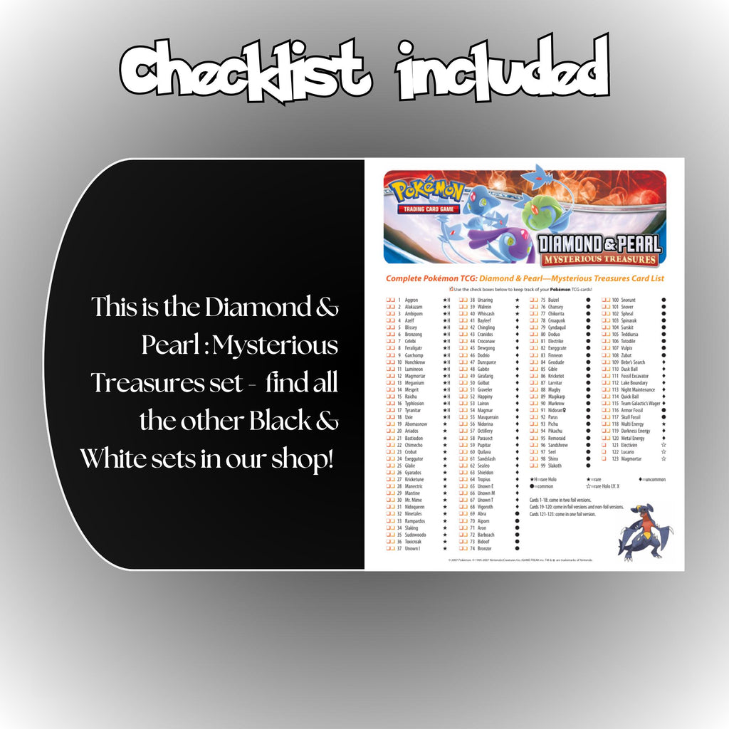 Example of the checklist that’s included to see which cards are all in the Mysterious Treasures set from the Diamond & Pearl Series.