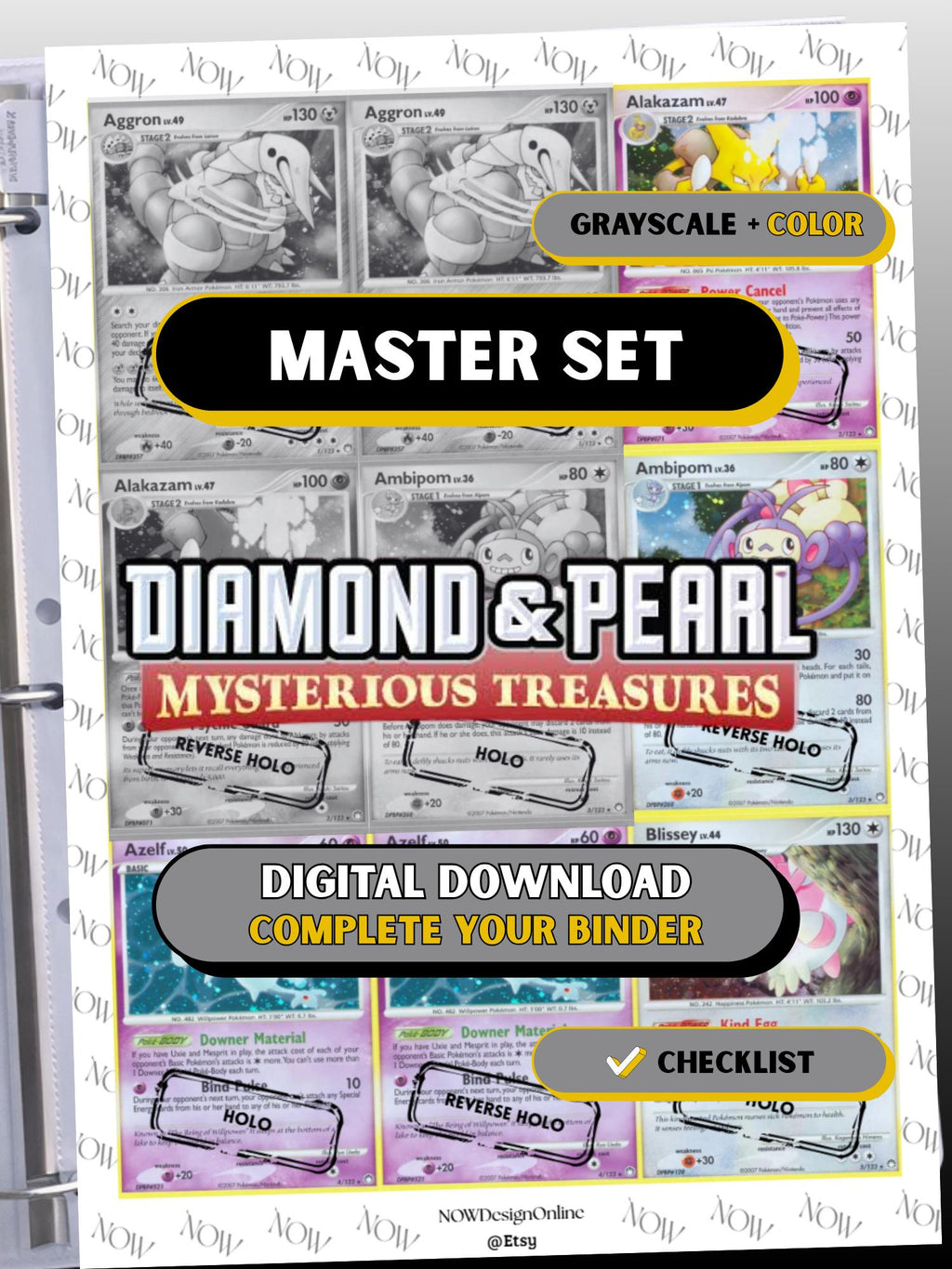 Diamond & Pearl: Mysterious Treasures master set binder page showing grayscale and color Pokémon cards, designed as a digital download with checklist to complete a collector’s binder.