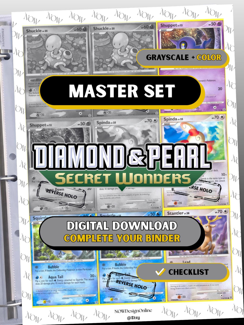 Diamond & Pearl: Secret Wonders master set binder page showing grayscale and color Pokémon cards, designed as a digital download with checklist to complete a collector’s binder.