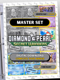 Diamond & Pearl: Secret Wonders master set binder page showing grayscale and color Pokémon cards, designed as a digital download with checklist to complete a collector’s binder.