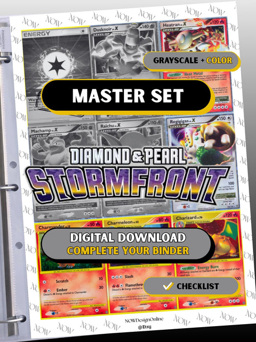 Diamond & Pearl: Stormfront master set binder page showing grayscale and color Pokémon cards, designed as a digital download with checklist to complete a collector’s binder.
