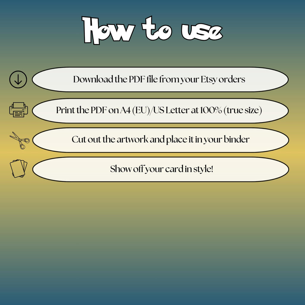 How to use instructions for printable Pikachu extended binder art, showing steps for downloading, printing, cutting and inserting the artwork to your binder.