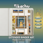 Extended binder art cover featuring Pikachu with Grey Felt Hat in a 3×3 binder layout, with framed artwork accents and digital download labels.
