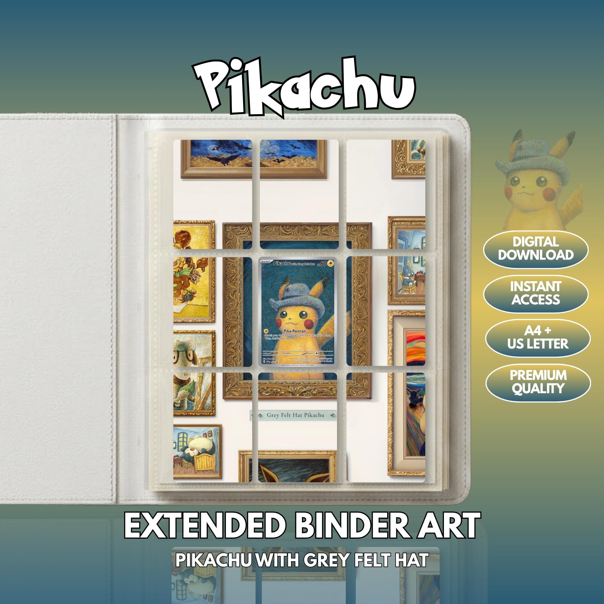 Extended binder art cover featuring Pikachu with Grey Felt Hat in a 3×3 binder layout, with framed artwork accents and digital download labels.