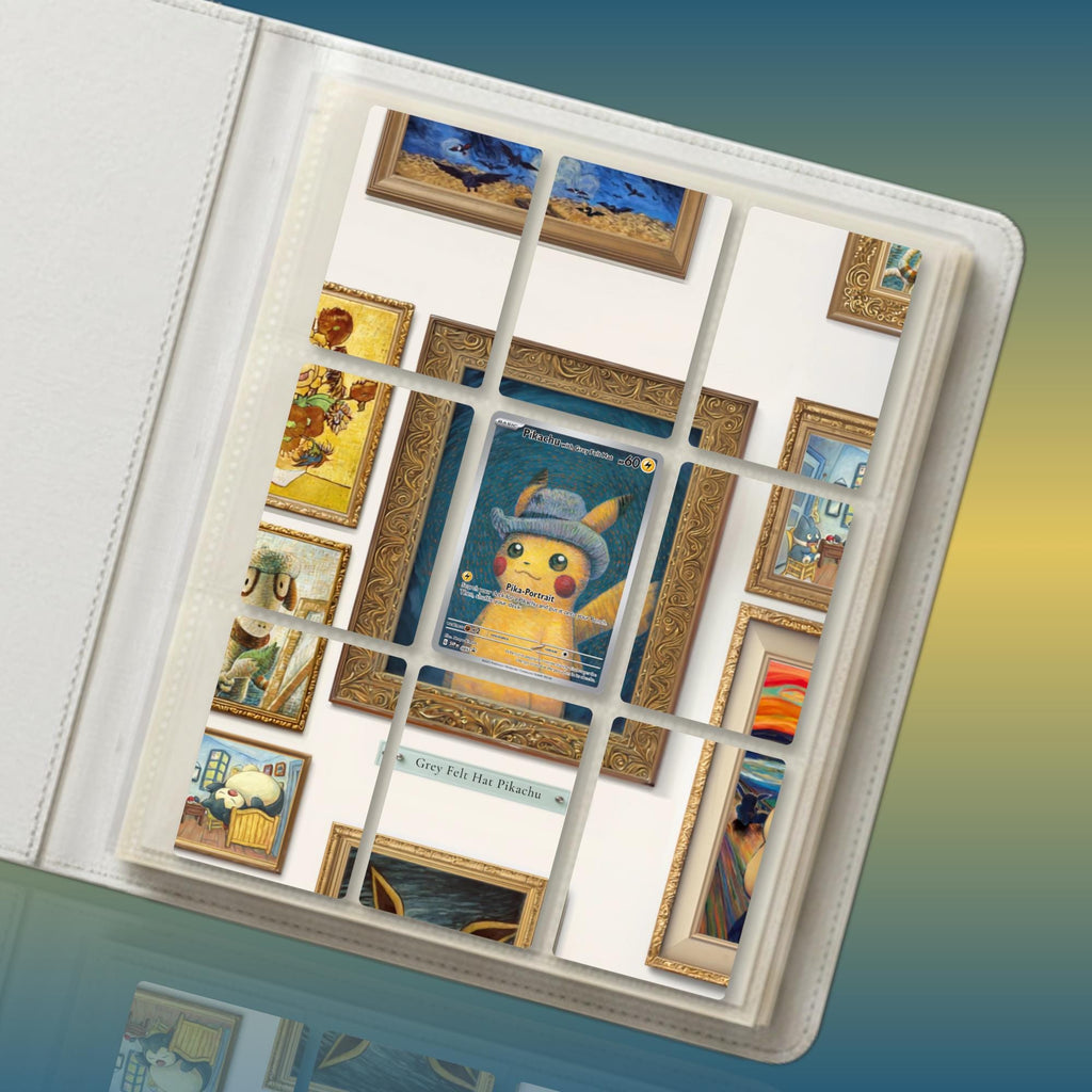 Pikachu extended binder artwork displayed in a 9 pocket Pokémon binder, surrounded by miniature framed art pieces.