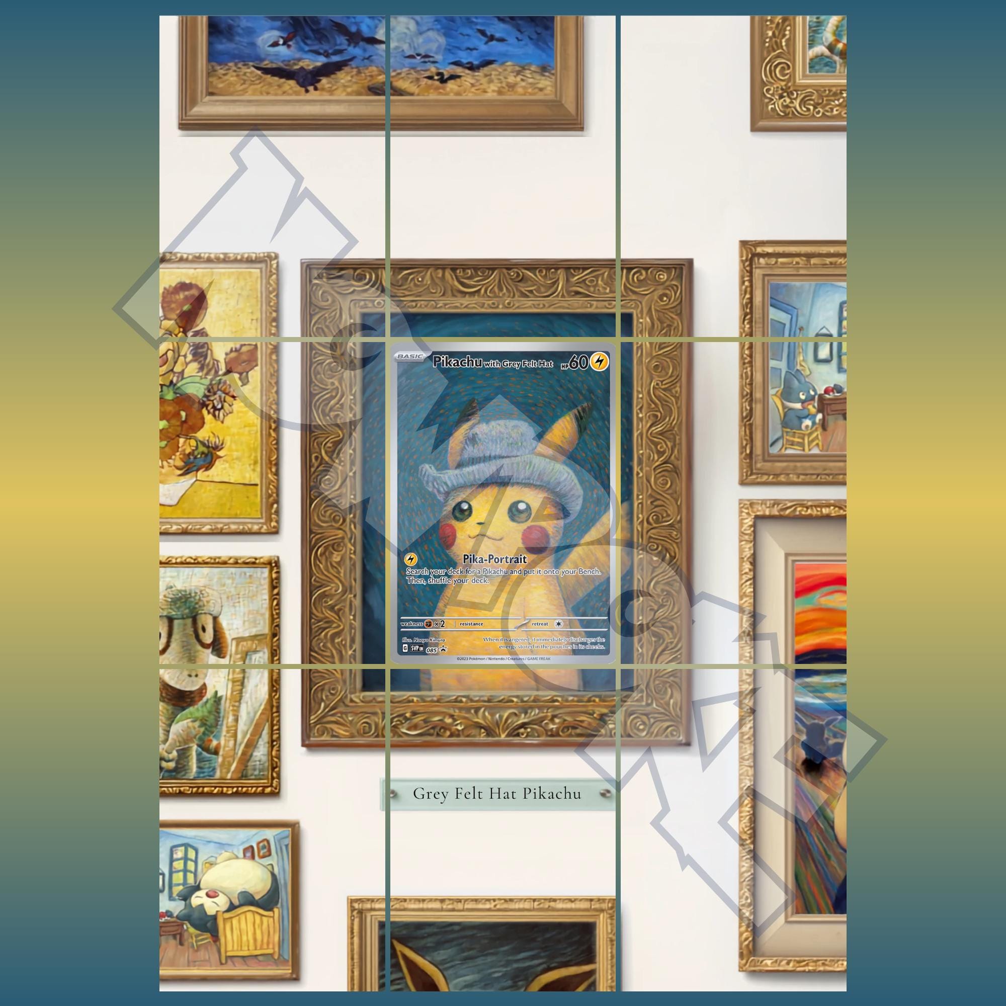 Pikachu with Grey Felt Hat card displayed in a gallery wall of extended binder artwork, styled as premium extended binder art for Pokémon collectors. Shows what you will receive as a PDF to download and print.