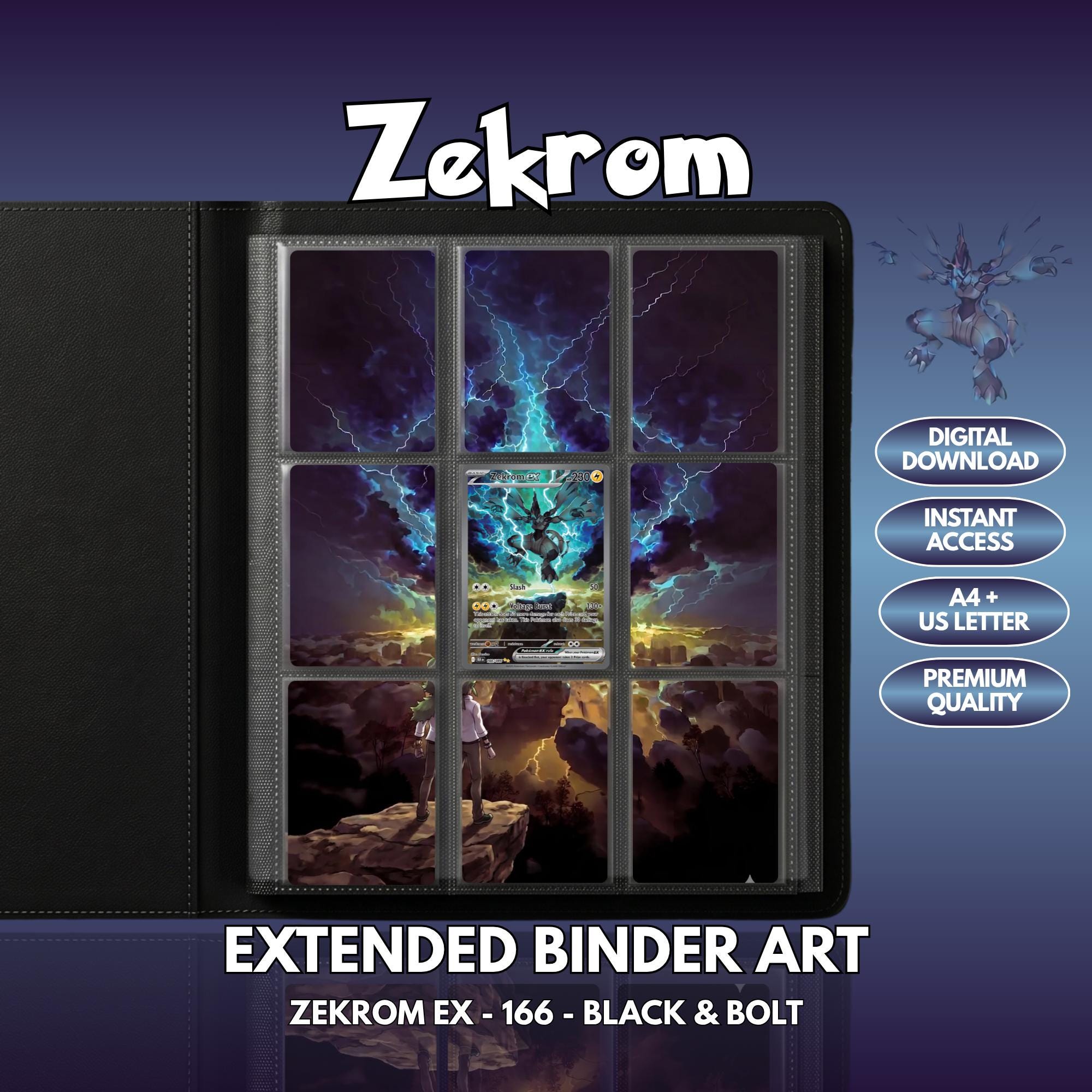 Extended binder art cover featuring Zekrom Card in a 3×3 binder layout, with framed artwork accents and digital download labels.