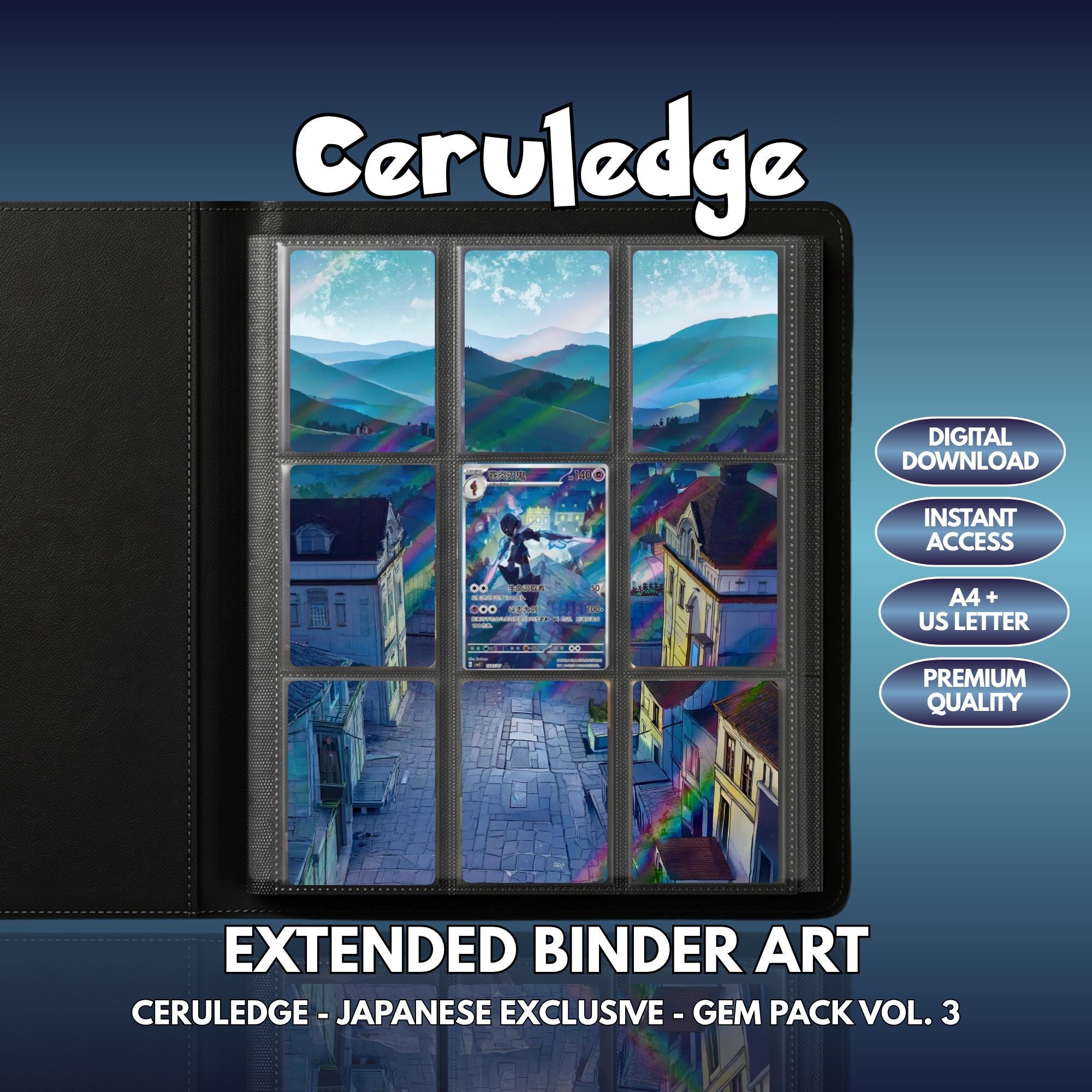Extended binder art cover featuring Ceruledge Card in a 3×3 binder layout, with framed artwork accents and digital download labels.