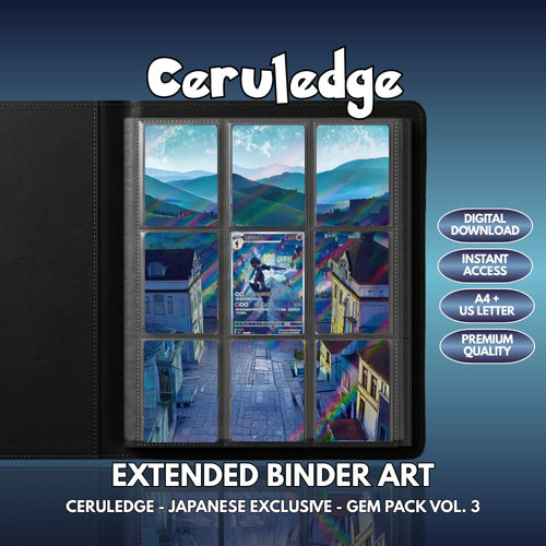 Extended binder art cover featuring Ceruledge Card in a 3×3 binder layout, with framed artwork accents and digital download labels.