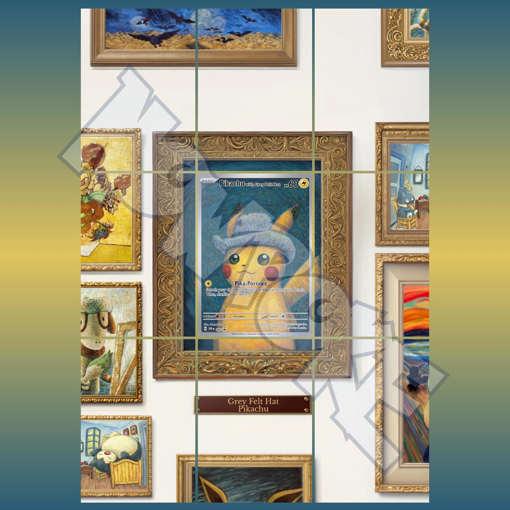 Pikachu with Grey Felt Hat card displayed in a gallery wall of extended binder artwork, styled as premium extended binder art for Pokémon collectors. Shows what you will receive as a PDF to download and print.