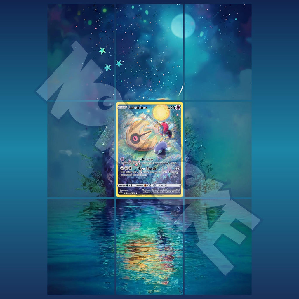 Lunatone card displayed in extended binder artwork, styled as premium extended binder art for Pokémon collectors. Shows what you will receive as a PDF to download and print.