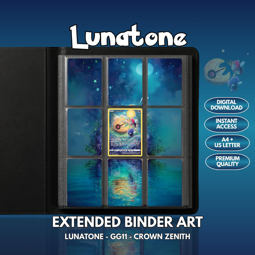 Extended binder art cover featuring Lunatone Card in a 3×3 binder layout, with framed artwork accents and digital download labels.