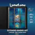 Extended binder art cover featuring Lunatone Card in a 3×3 binder layout, with framed artwork accents and digital download labels.
