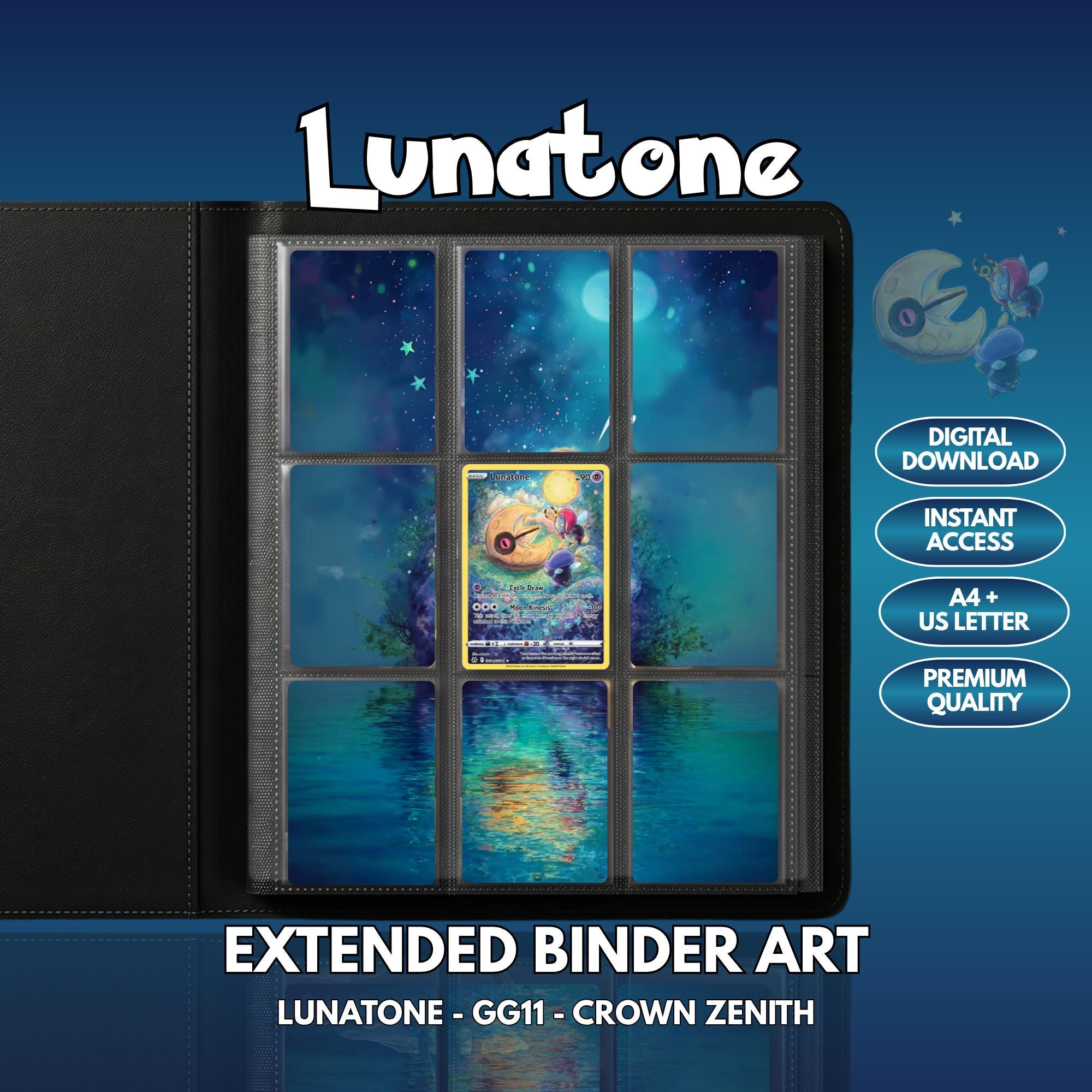 Extended binder art cover featuring Lunatone Card in a 3×3 binder layout, with framed artwork accents and digital download labels.
