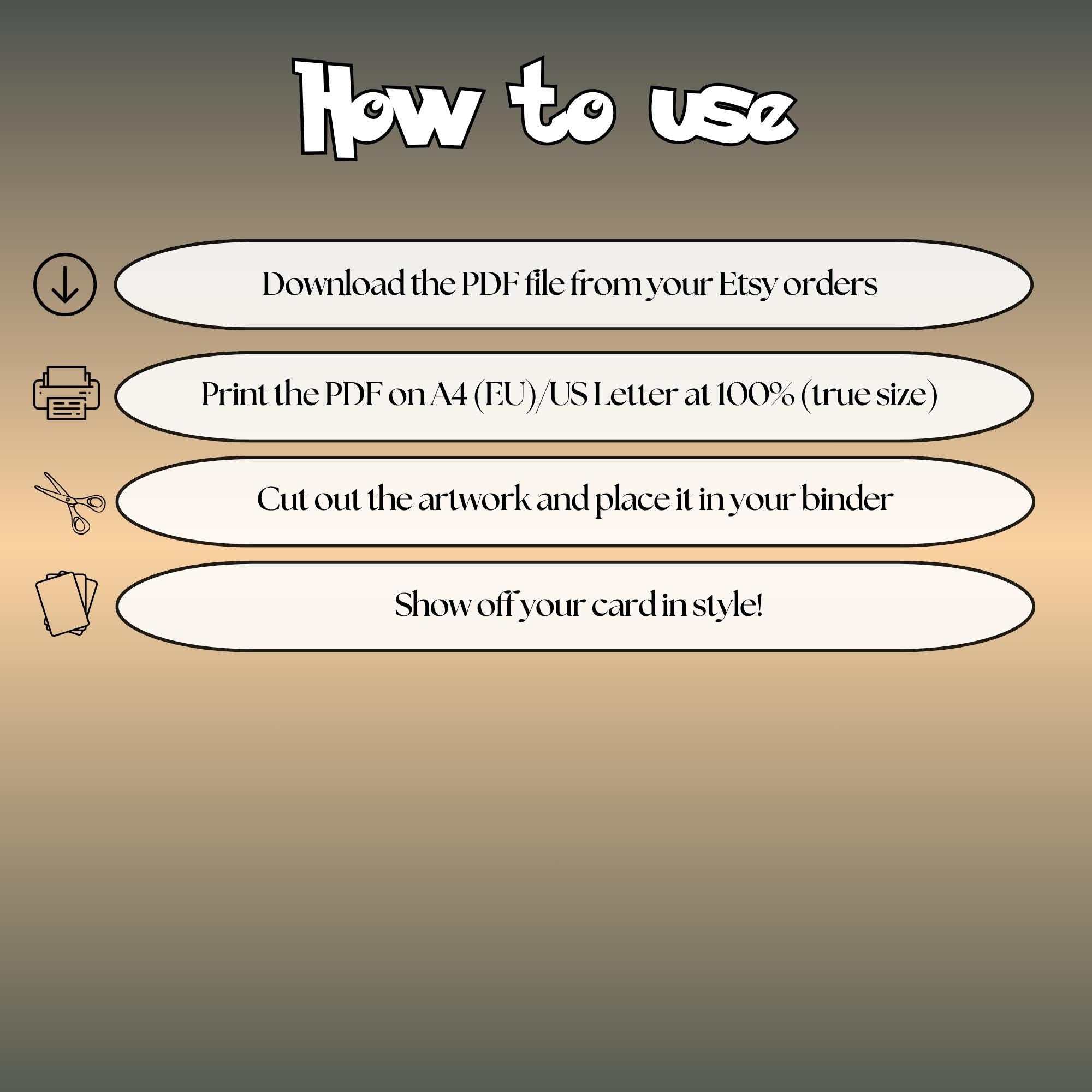 How to use instructions for printable Eevee extended binder art, showing steps for downloading, printing, cutting and inserting the artwork to your binder.