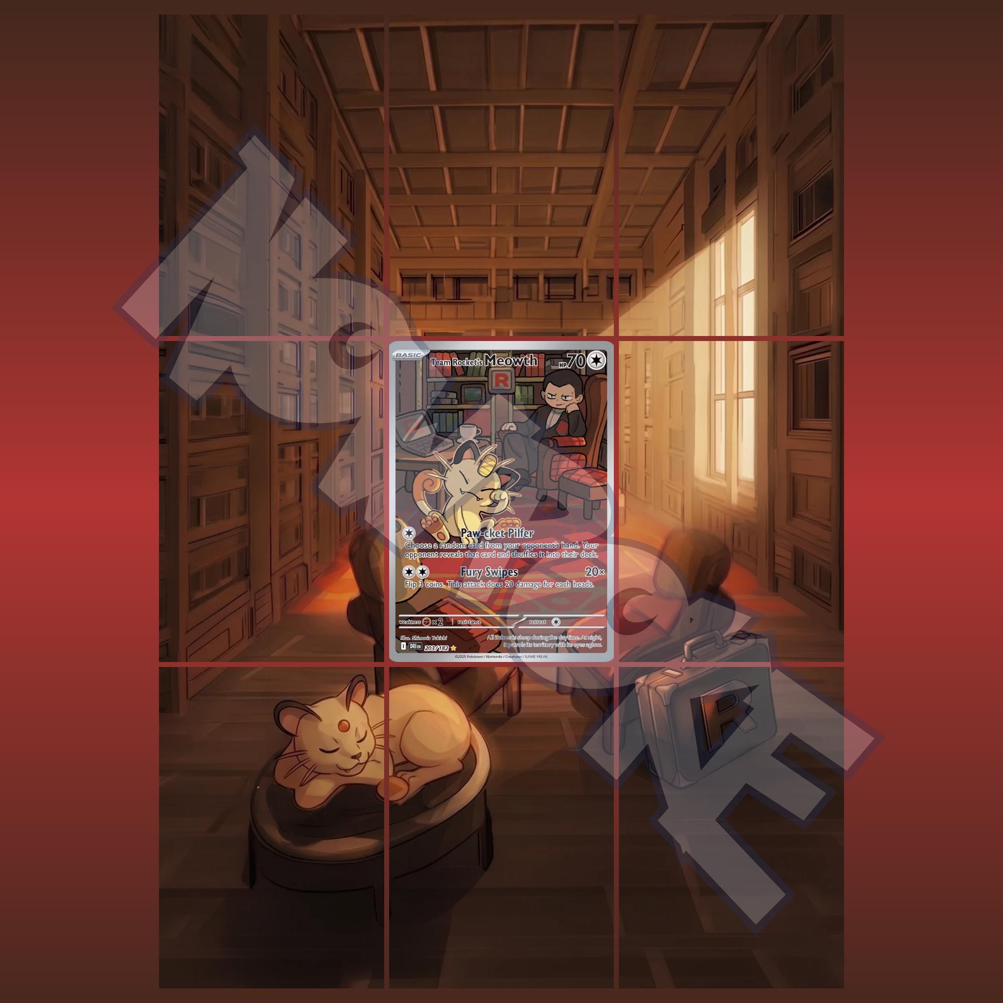 Meowth card displayed in extended binder artwork, styled as premium extended binder art for Pokémon collectors. Shows what you will receive as a PDF to download and print.