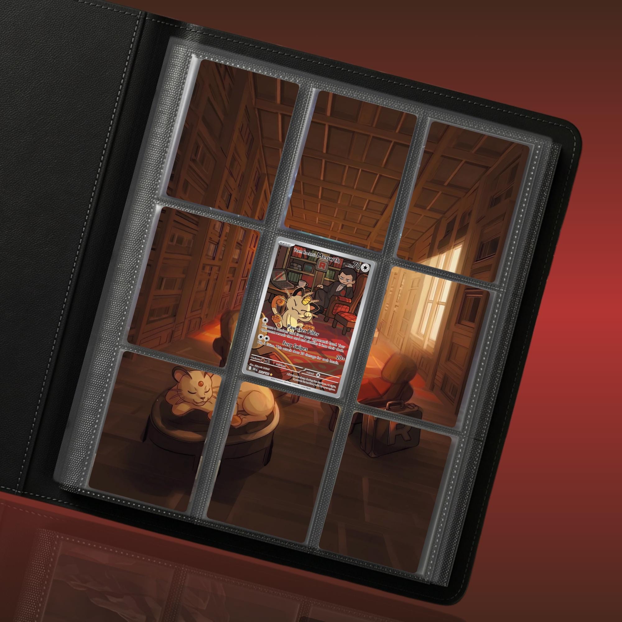 Meowth extended binder artwork displayed in a 9 pocket Pokémon binder.