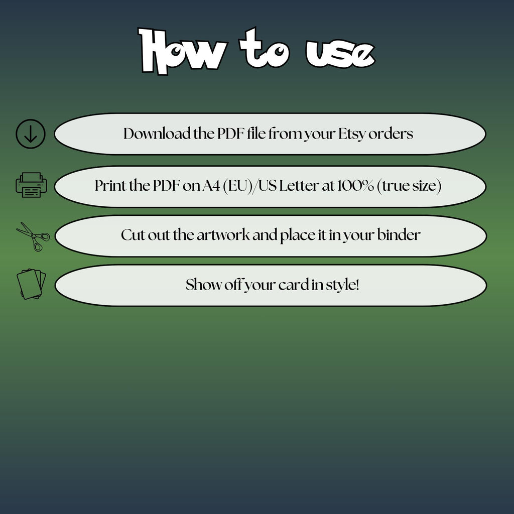 How to use instructions for printable Umbreon extended binder art, showing steps for downloading, printing, cutting and inserting the artwork to your binder.