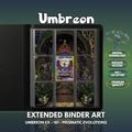Extended binder art cover featuring Umbreon Prismatic Evolutions Card in a 3×3 binder layout, with framed artwork accents and digital download labels.
