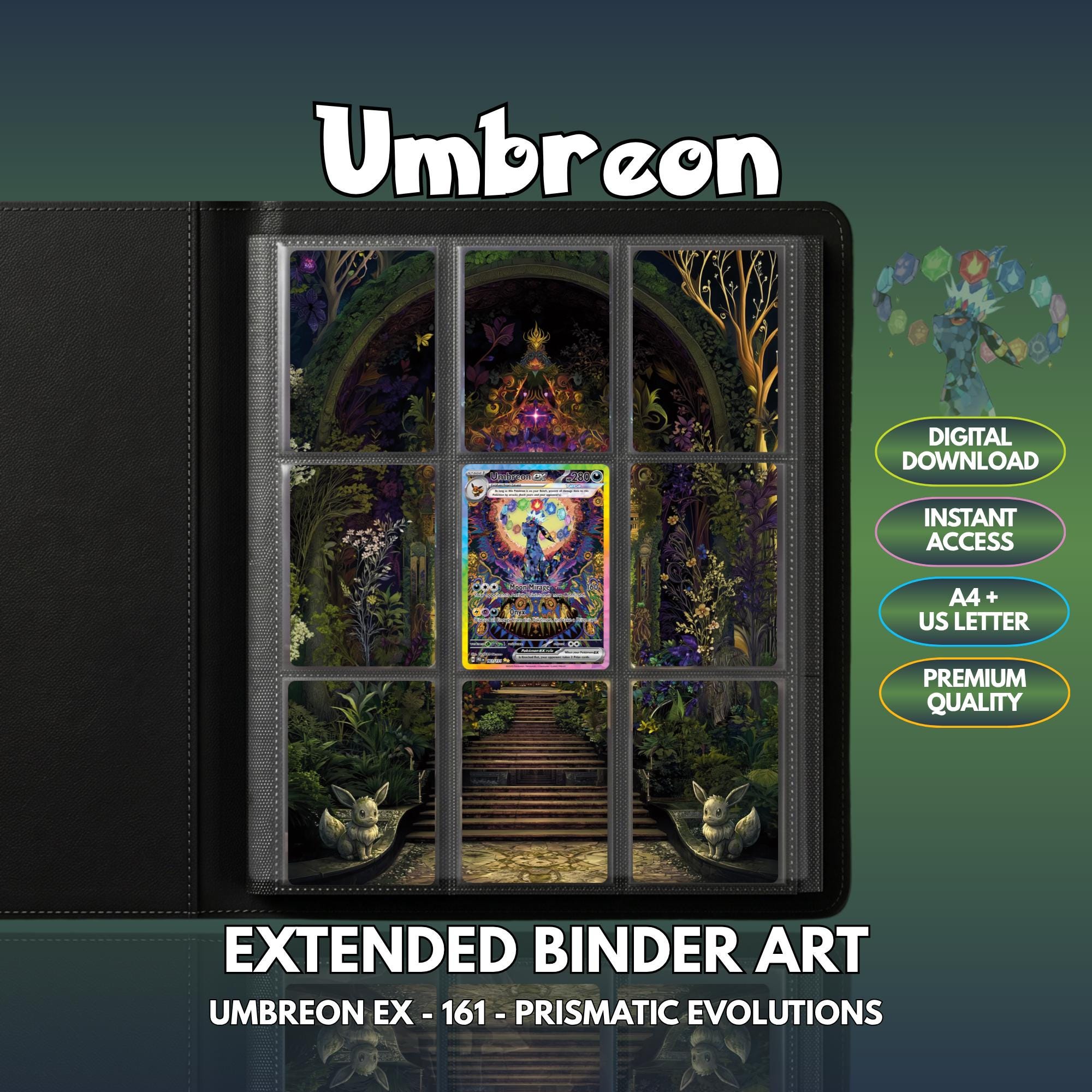 Extended binder art cover featuring Umbreon Prismatic Evolutions Card in a 3×3 binder layout, with framed artwork accents and digital download labels.